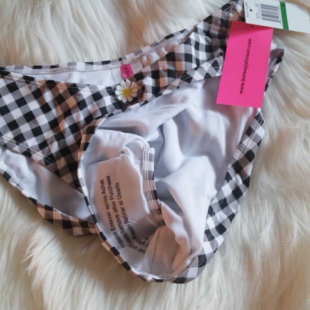 NWT Betsey Johnson High Cut Bikini Bottoms Size Large Black White Gingham Print - Picture 6 of 7